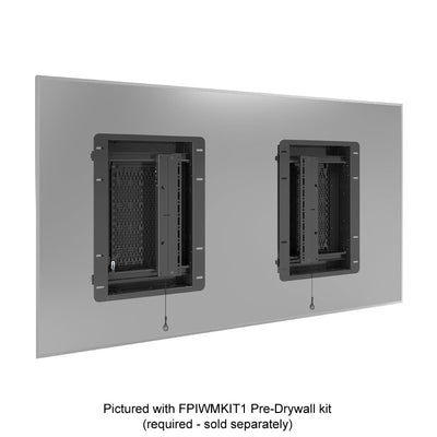 Chief Tempo In-Wall Flange-Mount-Storage Kit FPIWMKIT2, dual pull-out mounts behind a wide display in an angled view