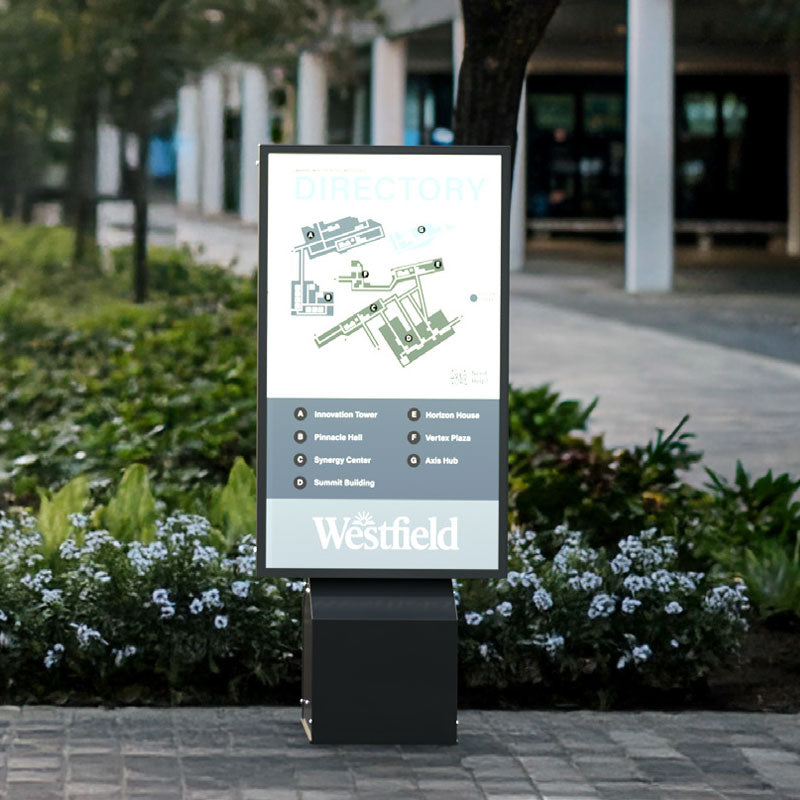 Chief Velocity Outdoor Pedestal Modular Frame ODMPF1, outdoor digital signage installed view