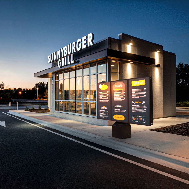 Chief Velocity Outdoor Pedestal Modular Frame ODMPF1, outdoor digital signage restaurant installation view