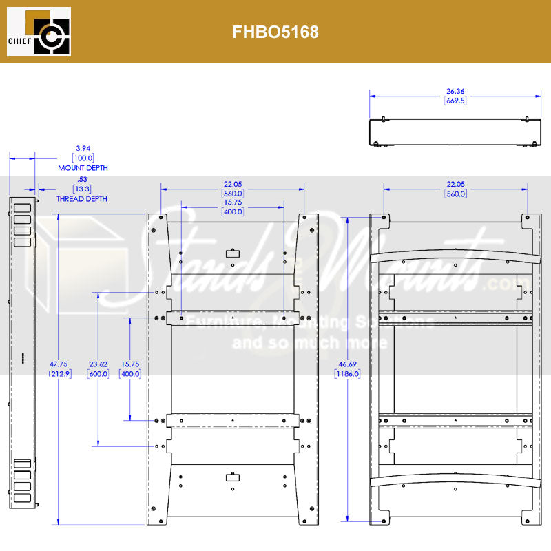 Chief Outdoor Interface Adapter FHBO5168, in-wall display mount frame dimensions diagram