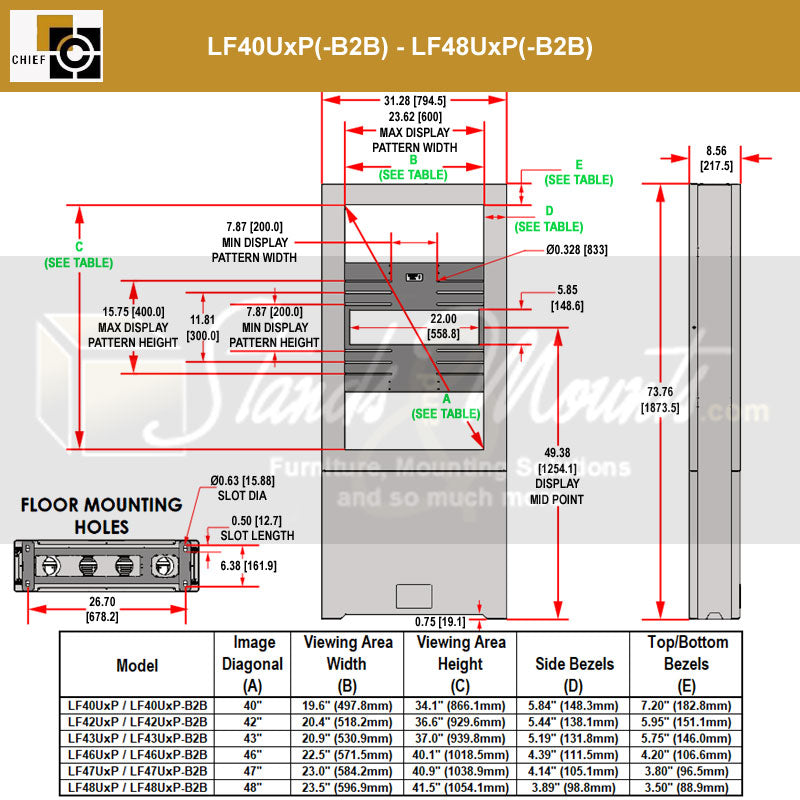 Chief Impact Floor Kiosk LF47UWP-B2B, outdoor display kiosk dimensions diagram