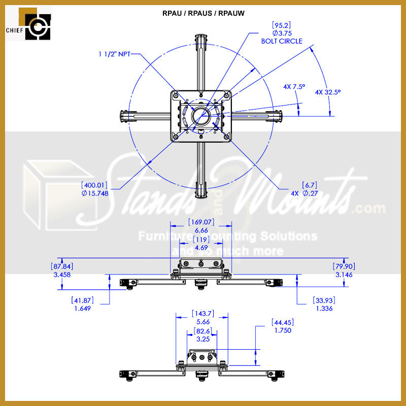 Chief Projector Mount Bundle KITPS000P, projector mount dimensions diagram
