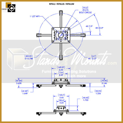 Chief Projector Mount Bundle KITPS000P, projector mount dimensions diagram