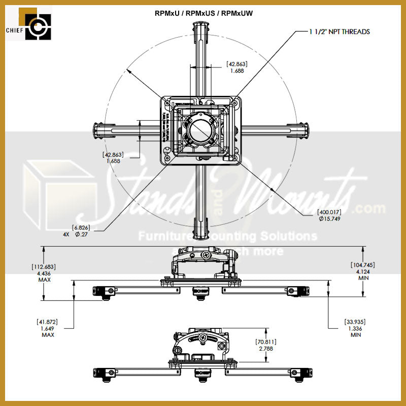 Chief Projector Mount Bundle KITQD0305, projector mount dimensions diagram