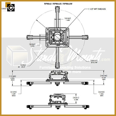 Chief Projector Mount Bundle KITQD0305, projector mount dimensions diagram