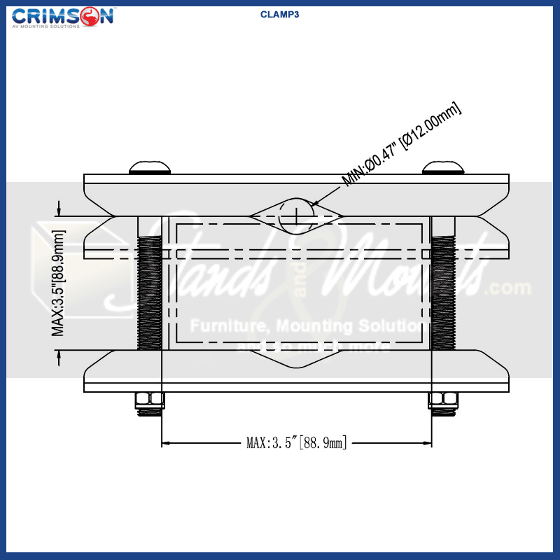Crimson Unistrut Pipe or 3.5 inch Structure Clamp CLAMP3, dual-pole clamp dimensions diagram