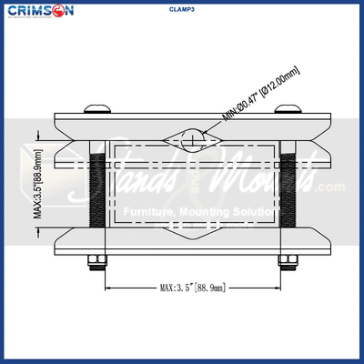 Crimson Unistrut Pipe or 3.5 inch Structure Clamp CLAMP3, dual-pole clamp dimensions diagram