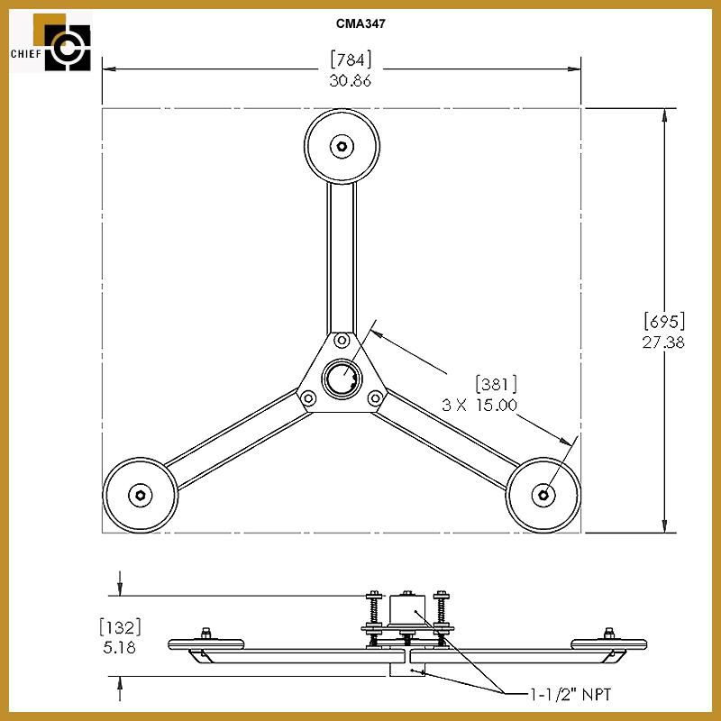 Chief Projector Vibration Isolator CMA347, triple ceiling mount plate technical dimensions diagram