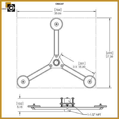Chief Projector Vibration Isolator CMA347, triple ceiling mount plate technical dimensions diagram