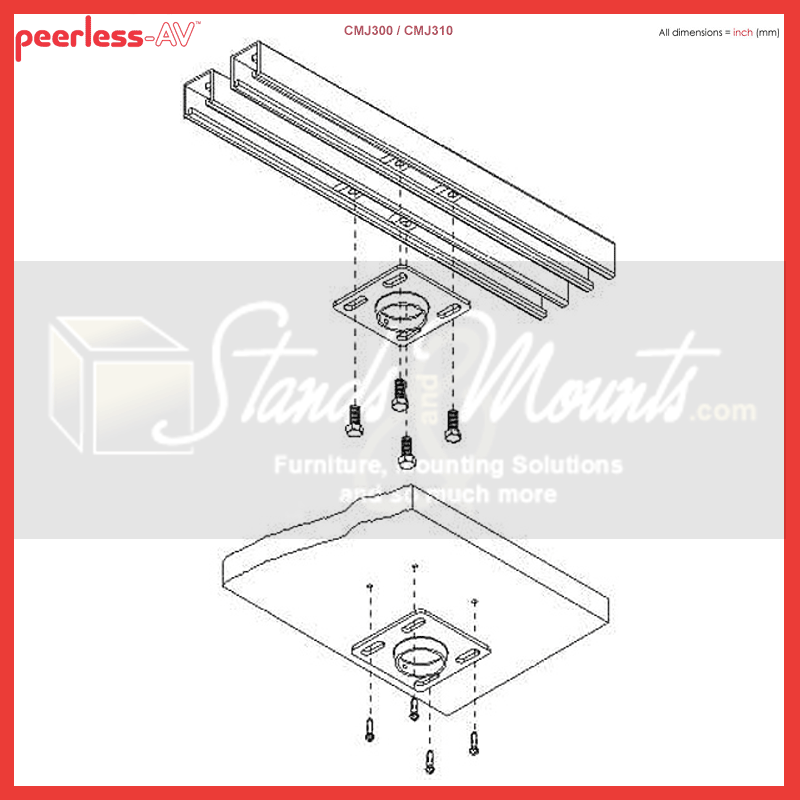 Peerless-AV Unistrut or Structural Ceiling Plate CMJ310, ceiling mount exploded installation diagram