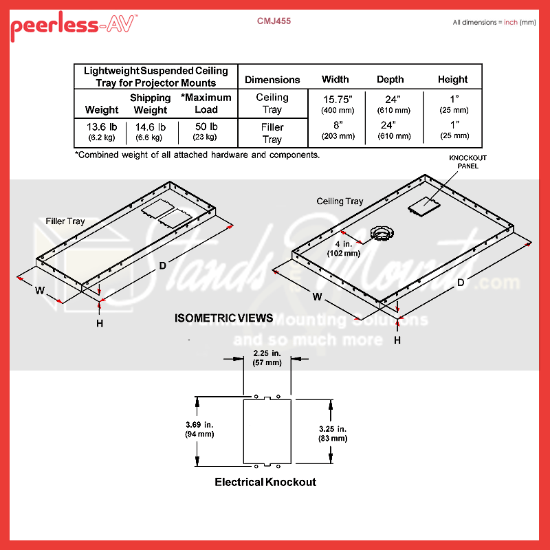 Peerless-AV Suspended Ceiling Plate CMJ455, suspended projector tray dimensions diagram