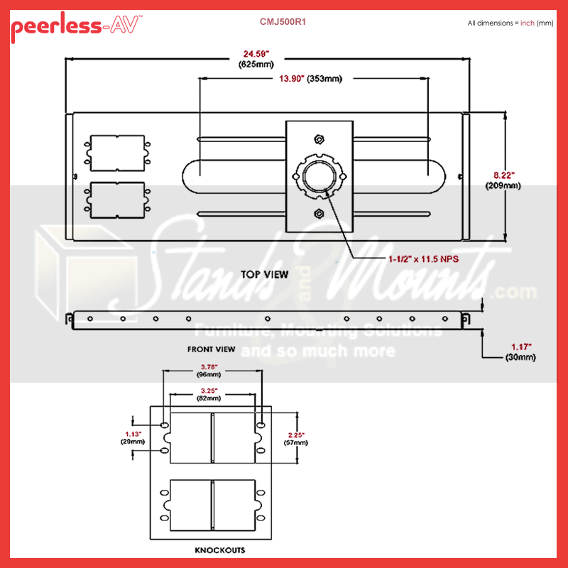 Peerless-AV Lightweight Above Grid Suspended Ceiling Plate CMJ500R1, projector ceiling mount technical dimensions diagram