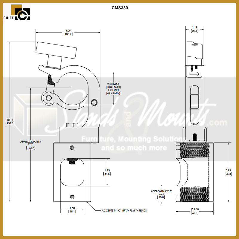 Chief Truss Clamp for 1.5 inch NPT, CMS380, pipe mounting clamp dimensions diagram