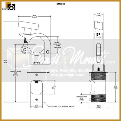 Chief Truss Clamp for 1.5 inch NPT, CMS380, pipe mounting clamp dimensions diagram