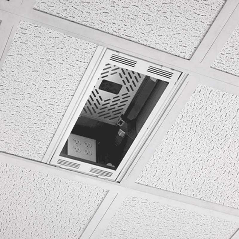 Chief 1 x 2 Plenum Rated Storage Box CMS491P2, ceiling tile access panel open with power outlet visible