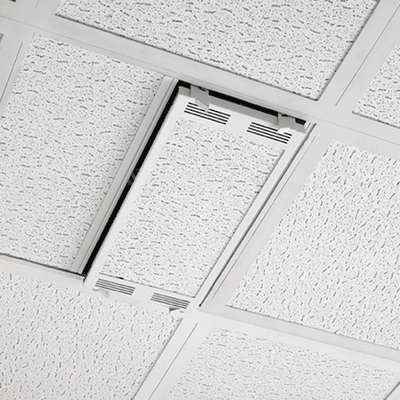 Chief 1 x 2 Plenum Rated Storage Box CMS491P2, ceiling tile access panel partially open