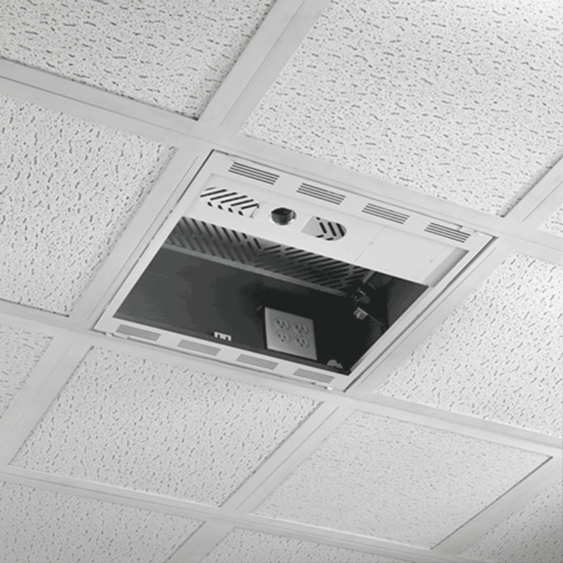 Chief 2 x 2 Plenum Rated Storage Box with 1.5 inch NPT Opening CMS492C, recessed ceiling equipment box with cover open
