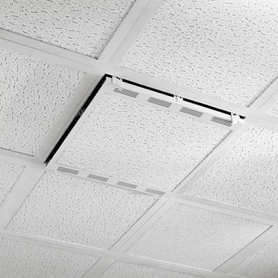 Chief 2 x 2 Plenum Rated Storage Box CMS492P2, ceiling access panel partially open