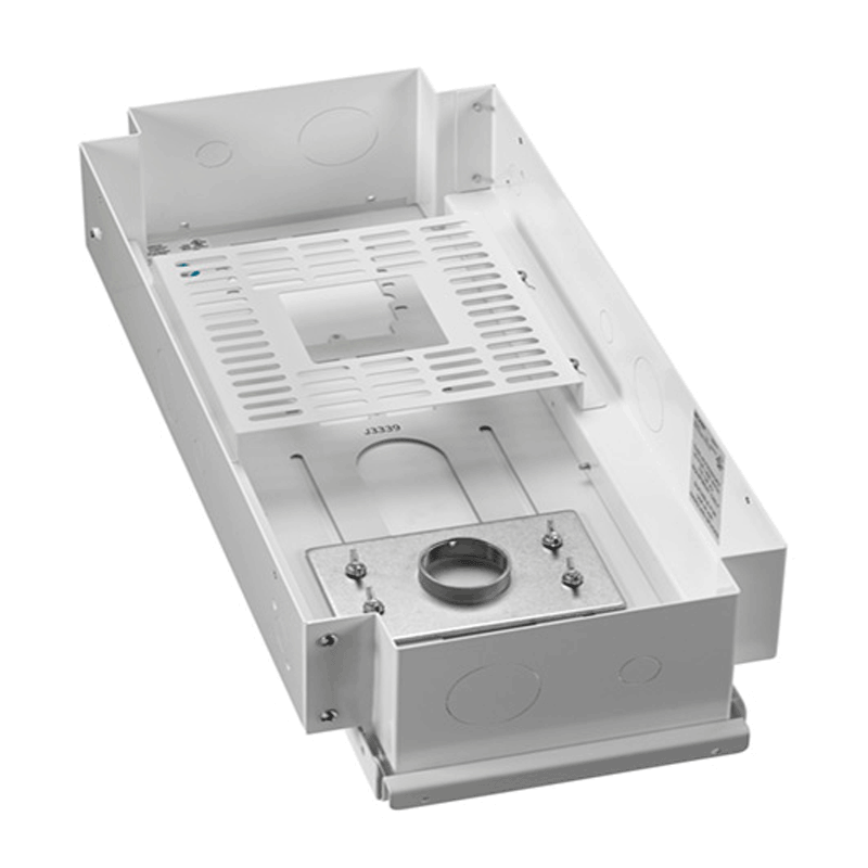 Chief CMA473 and CMS440 AV Storage Adapter CMSUNVU, white in-wall equipment enclosure open and empty