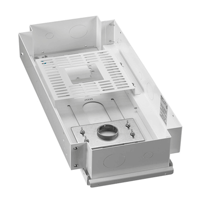 Chief CMA473 and CMS440 AV Storage Adapter CMSUNVU, white in-wall equipment enclosure open and empty