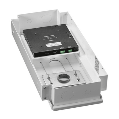 Chief CMA473 and CMS440 AV Storage Adapter CMSUNVU, white in-wall equipment enclosure with device installed
