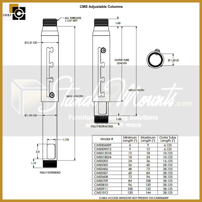 Chief Speed Connect Adjustable Column CMS0911W, adjustable support column dimensions diagram