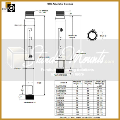Chief Speed Connect Adjustable Column CMS0911W, adjustable support column dimensions diagram