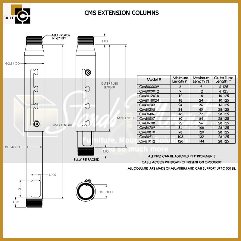 Chief Adjustable Extension Column CMS006009 to CMS1012, extension column technical dimensions