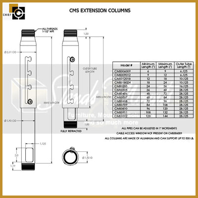 Chief Adjustable Extension Column CMS006009 to CMS1012, extension column technical dimensions