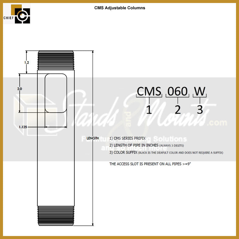 Chief Speed Connect Fixed Column CMS006W, adjustable column dimensions diagram