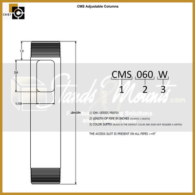 Chief Speed Connect Fixed Column CMS006W, adjustable column dimensions diagram