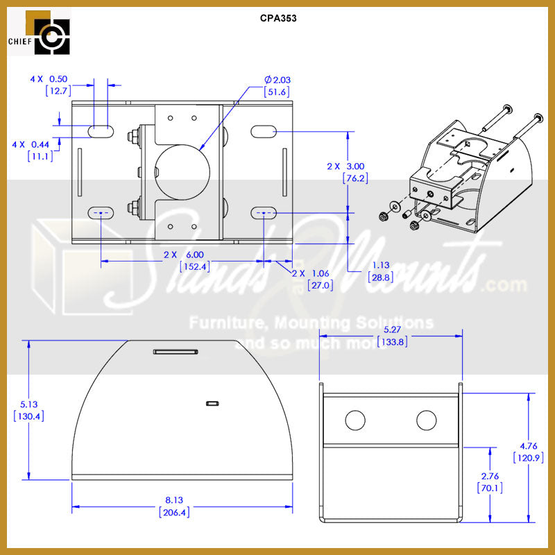 Chief Floor-to-Ceiling Clamp-Style Plate, CPA353, ceiling cable exit enclosure dimensions diagram
