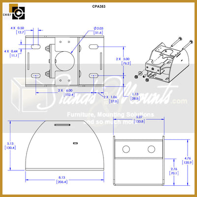 Chief Floor-to-Ceiling Clamp-Style Plate, CPA353, ceiling cable exit enclosure dimensions diagram