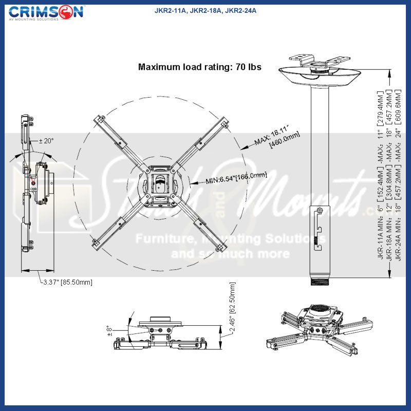 Crimson Adjustable Projector Mount JKR2-24A, projector mount rotation dimensions diagram