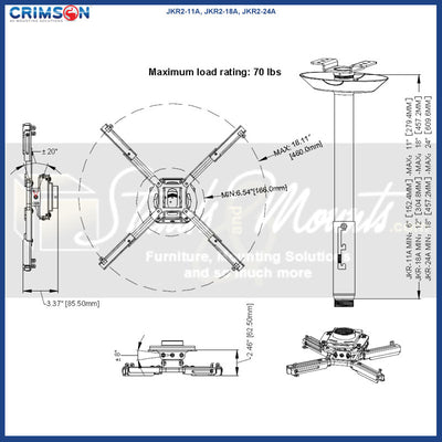 Crimson Adjustable Projector Mount JKR2-24A, projector mount rotation dimensions diagram