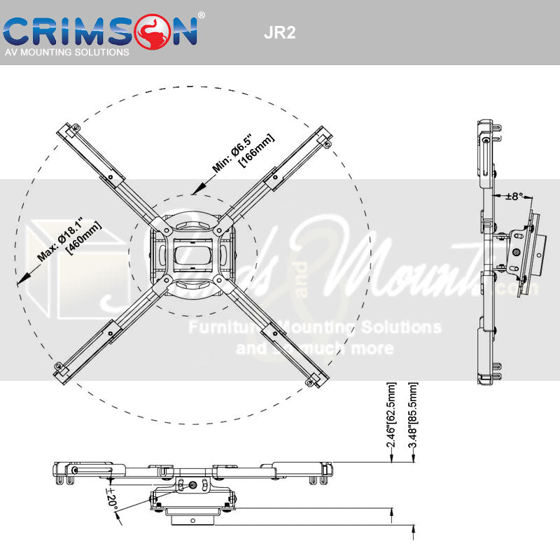 Crimson Universal Projector Ceiling Mount JR2W, projector mount dimensions diagram