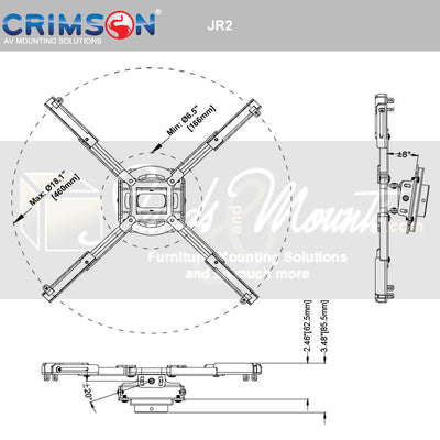 Crimson Universal Projector Ceiling Mount JR2W, projector mount dimensions diagram