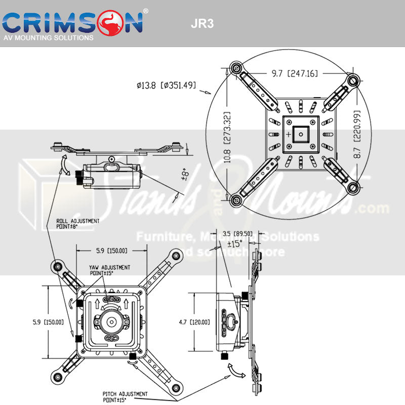 Crimson SyncPro Micro Adjust Projector Mount JR3W, projector mount technical dimensions