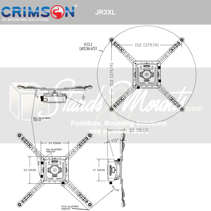 Crimson SyncPro Micro Adjust Extended Projector Mount JR3XLW, projector mount technical dimensions diagram