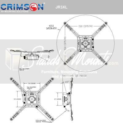 Crimson SyncPro Micro Adjust Extended Projector Mount JR3XLW, projector mount technical dimensions diagram