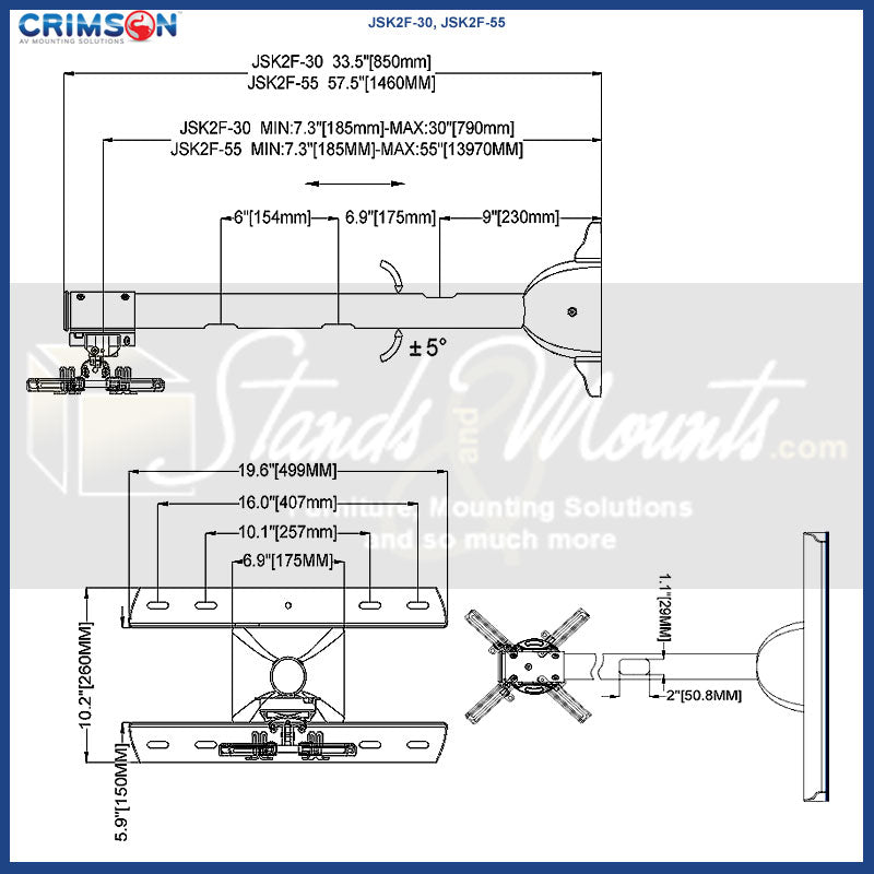 Crimson Short Throw Projector Arm JSK2F-55, projector ceiling mount dimensions diagram