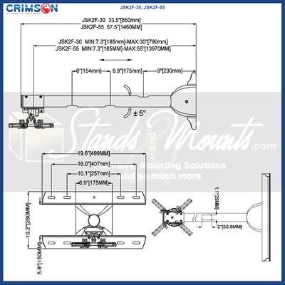 Crimson Short Throw Projector Arm JSK2F-55, projector ceiling mount dimensions diagram