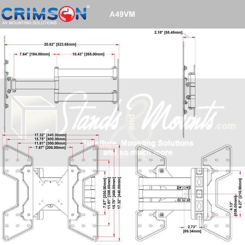 Crimson Large Articulating TV Wall Mount A49VM, articulating wall mount technical dimensions