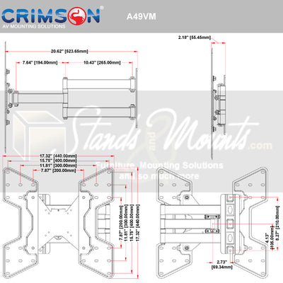 Crimson Large Articulating TV Wall Mount A49VM, articulating wall mount technical dimensions