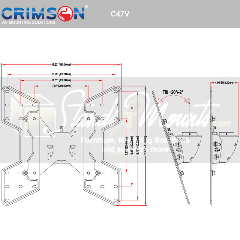Crimson Large TV Ceiling Mount C47V, articulating wall mount technical dimensions diagram