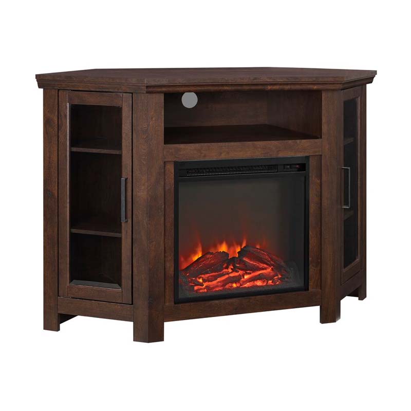 Walker Edison Corner Fireplace TV Stand W48FPCRTB, corner electric fireplace media console in a three-quarter view