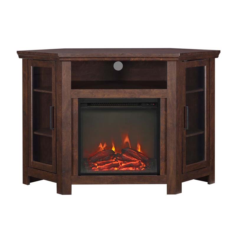 Walker Edison Corner Fireplace TV Stand W48FPCRTB, corner electric fireplace media console in a front view