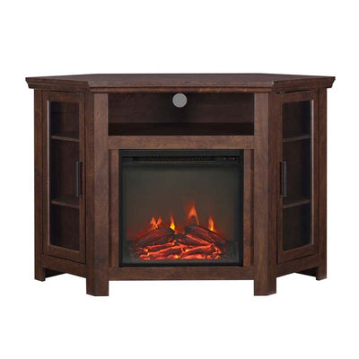 Walker Edison Corner Fireplace TV Stand W48FPCRTB, corner electric fireplace media console in a front view