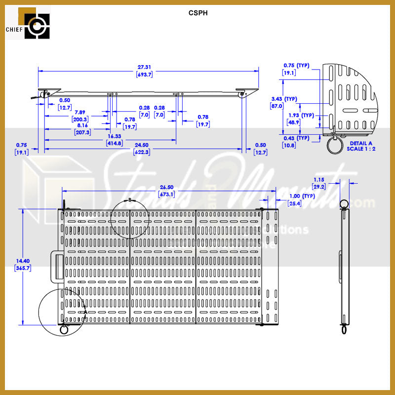 Chief Proximity Under Table Component Storage Panel CSPH, under-table rack shelf dimensions diagram