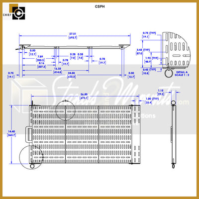 Chief Proximity Under Table Component Storage Panel CSPH, under-table rack shelf dimensions diagram